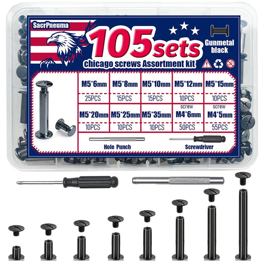 Chicago Screws for Leather, 105 Sets, Long Posts 6-35mm, Gunmetal Black | For thick leather and layered crafts; functions as screw rivets, binding posts or belt screws for bookbinding and holsters - color: Gunmetal Black, size: 105 Sets