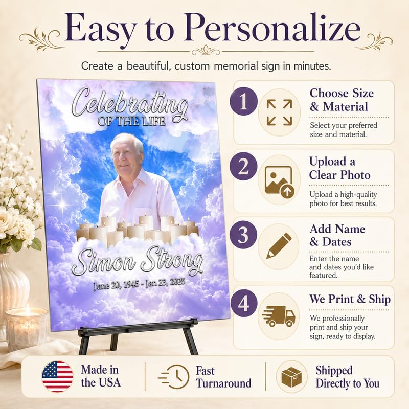 Personalized Funeral Memorial Sign with Photo and Heavenly Clouds - color: Design 3