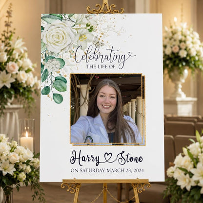 Custom Memorial Welcome Sign with Photo, Greenery and White Roses - color: Design 8