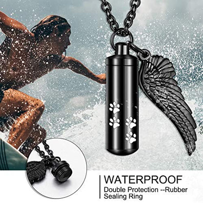 abooxiu Cylinder Cremation Necklace for Pet Ashes With Angel Wing Paw - Urn Necklace for Dog/Cat Memorial Keepsake Jewelry - color: Black-M