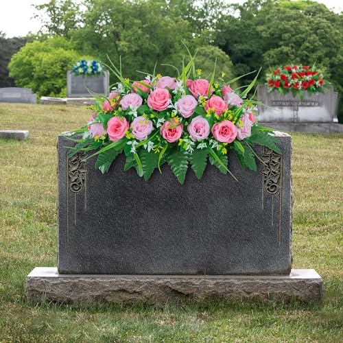 DONODA Cemetery Tombstone Flower Saddle - Outdoor Grave Decorations - Non-Bleed Colors, Rose Combination Flower (Pink Saddle) - color: Pink Saddle