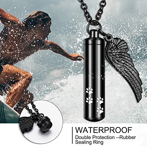 abooxiu Cylinder Cremation Urn Necklace with Angel Wing Pet Paw Ashes Keepsake Jewelry - color: Black-L