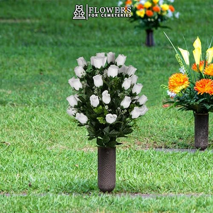 Artificial Cemetery Flowers - Gravesite Flowers - White Roses - color: White Roses, size: (1) Bouquet