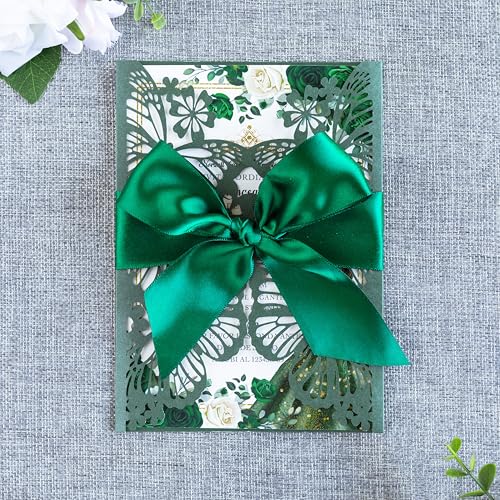 20 PCS 5.12x7.2 Butterfly Personalized Quinceanera Invitation, Customized XV Anos Laser Cut Invitation Cards with Envelopes (Emerald Green Personalized) - color: 20 PCS Emerald Green Personalized