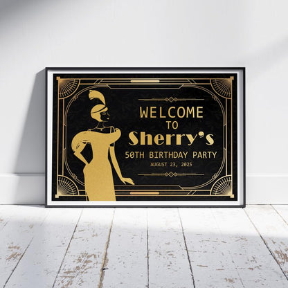 Roaring 20's Birthday Party Welcome Sign with Flapper Girls, 1920s Art Deco Custom 55th Birthday Party Sign, Welcome to Harlem Nights Signs, Great Gatsby 50thBirthday Decorations - color: Design 8