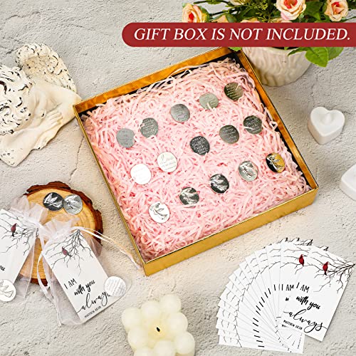 100 Sets Memorial Angel Sign Set Pocket Angel Tokens Coins Inspirational Christian Bible Verb Quotes Funeral Cardinal Sign I Am with You Always Cards White Organza Bags Guardian Gift Bag Angel Charms