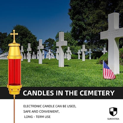 Cemetery Candle Holder, Greek Orthodox Cross Grave Lantern, Red | Anodized aluminum frame, weatherproof red globe, eternal vigil light, memorial & bereavement gift