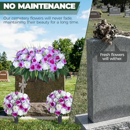 3 PCS Artificial Cemetery Flowers for Grave, Headstone Flower Saddle - color: Purple and White