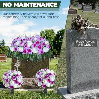 3 PCS Artificial Cemetery Flowers for Grave, Headstone Flower Saddle - color: Purple and White