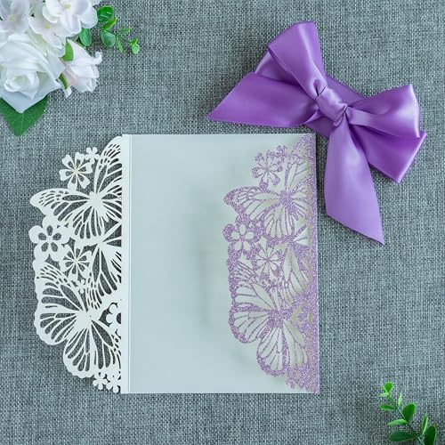 20 PCS Butterfly Quinceanera Invitation, Laser Cut Invitation Cards | 5.12x7.2" Purple Glitter Butterfly Quinceanera Invitation with Envelopes for XV Anos Bridal Shower Baby Shower Invite - color: Purple Glitter