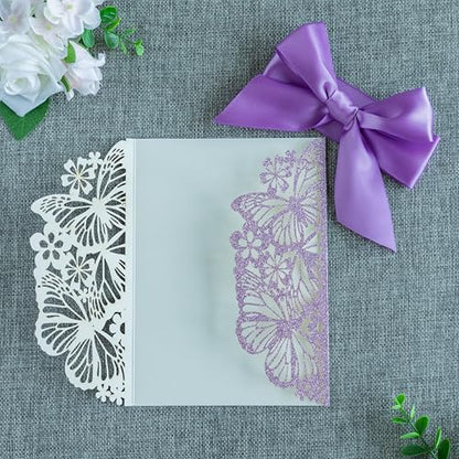20 PCS Butterfly Quinceanera Invitation, Laser Cut Invitation Cards | 5.12x7.2" Purple Glitter Butterfly Quinceanera Invitation with Envelopes for XV Anos Bridal Shower Baby Shower Invite - color: Purple Glitter