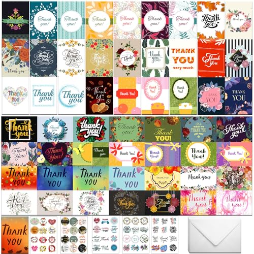 Eilyliafe 56 Bulk Thank You Cards, Assorted Thank You Cards with Envelopes, Matching Stickers and Storage Box - 4 x 6 Inch Blank Thank You Greeting Cards