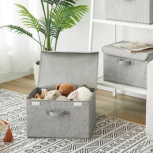 GRANNY SAYS Storage Baskets with Lids, Clothes Storage Boxes, Fabric Storage Bins, Keepsake Box, Closet Organizers and Storage, Gray, 2-Pack | Flip-Top Lid, Collapsible, Stackable, 3 Handles, Ideal for Closet Clothes Blanket Toys, Large, Gray, 2-Pack - co