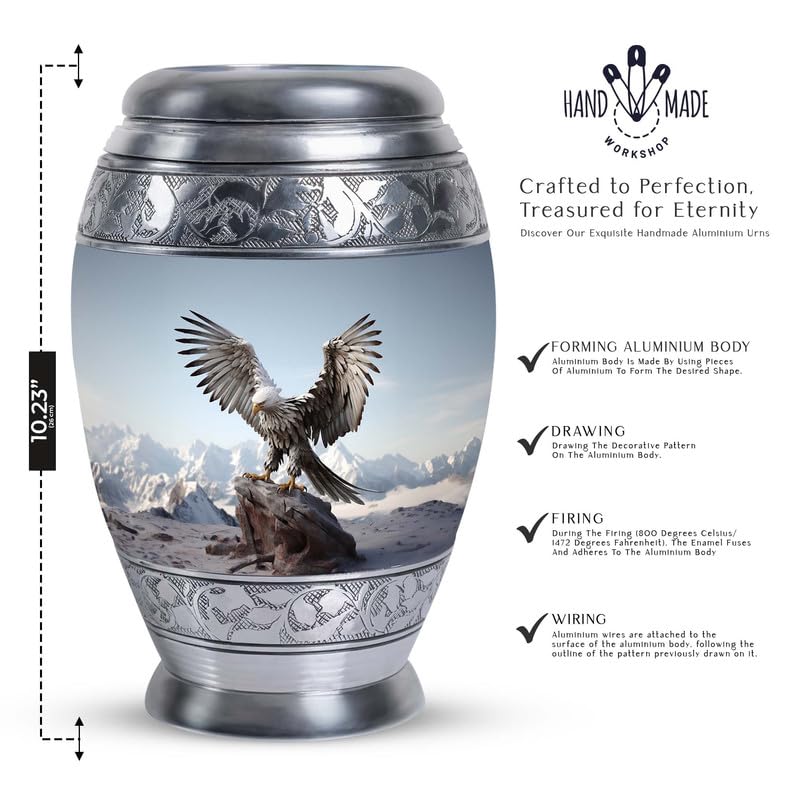 Eagle with Snow Mountains in - Burial Urn for Adult Human Ashes - Unique Urn - 10 Inch Large - Funeral Ash Holder - size: Large