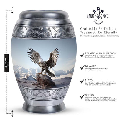 Eagle with Snow Mountains in - Burial Urn for Adult Human Ashes - Unique Urn - 10 Inch Large - Funeral Ash Holder - size: Large