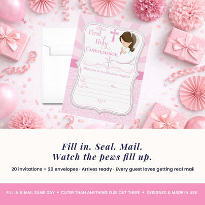 First Holy Communion Religious Party Invitations for Girls (Light Skin, Brown Hair), 20 5x7 Fill In Cards with Twenty White Envelopes by AmandaCreation - style: Light Skin, Brown Hair Girl
