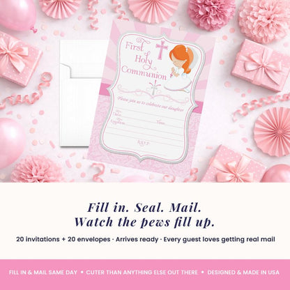First Holy Communion Religious Party Invitations for Girls (Light Skin, Red Hair), 20 5x7 Fill In Cards with Twenty White Envelopes by AmandaCreation - style: Light Skin, Red Hair Girl