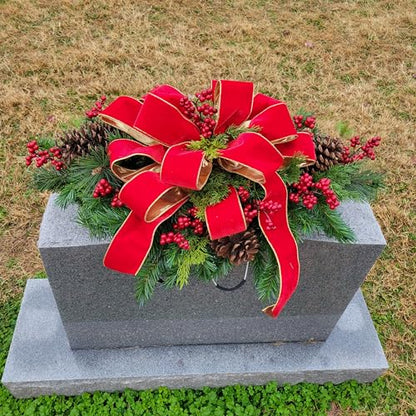 Headstone Saddle with Red Berries, Pinecones, and Red Velvet Ribbon - Christmas Memorial Decoration - Artificial Grave Flowers
