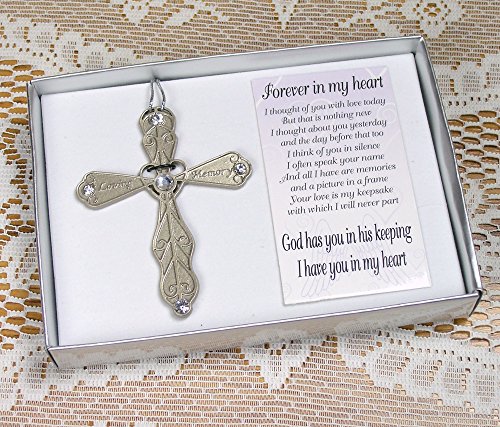 BANBERRY DESIGNS Sympathy Cross Ornament In Loving Memory, Bereavement Cross Gift for Loss of Loved One, Filigree Heart Shaped Jeweled Metal Memorial Hanging Ornament, 3.5 Inch