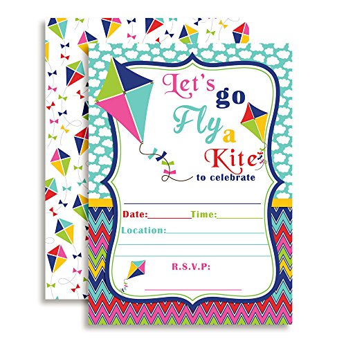 Amanda Creation Kite Flying Birthday Party Fill In Invitations set of 20 Cards and Envelopes. - style: Kite Flying