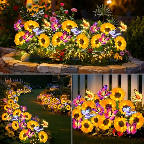 Solar Sunflower Lights with Butterflies, Bright Garden Light Outdoor Decor | Waterproof Lifelike Sunflower Blooms, Auto On/Off, Solar Flower Lights for Yards, Patios, Paths, Gifts for Women Mom Grandma - size: Butterfly Sunflower - 3PC