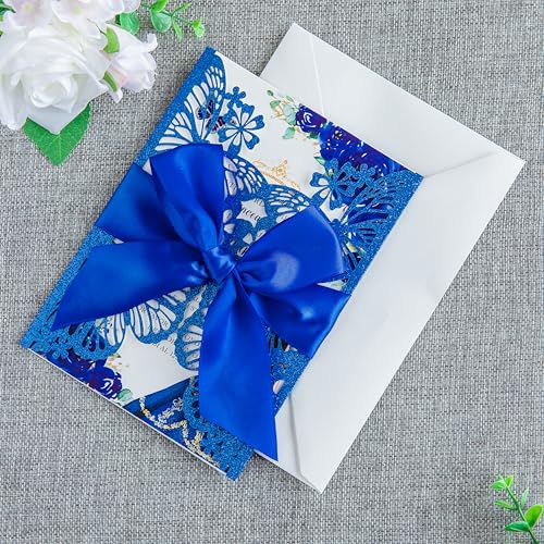 20 PCS Butterfly Quinceanera Invitation, Laser Cut Invitation Cards | 5.12x7.2" Blue Glitter Butterfly Quinceanera Invitation with Envelopes for XV Anos Bridal Shower Baby Shower Invite - color: Blue Glitter