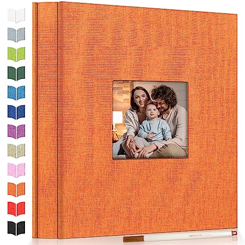 Artfeel Photo Album Self Adhesive Scrapbook Album for 3x5 4x6 5x7 8x10 Pictures,60 Pages Linen Cover with Display Window DIY Photo Book,Ideal Gifts for Family Travel Wedding Baby - color: Orange, size: 11.5"x10.5" 60pages