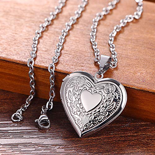 Gold Oval Flower Locket Necklace that Holds Pictures Photo Locket Pendant - color: SilverHeart