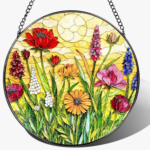 Stained Glass Window Hanging, 8 Inch Wildflower Stained Glass Suncatcher, Colorful Floral Window Hanging, Home Decor for Windows, Flower Lover Gifts, Garden Lover Gift, Gifts for Women, Mom, Grandma - color: Wildflower