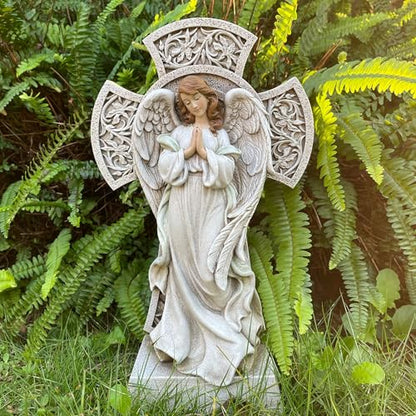 Memorial Angel Statue with Cross, 12 Inch Remembrance Angel for Loved One, Graveside or Home Sympathy Decor, Handwriting-Friendly Base