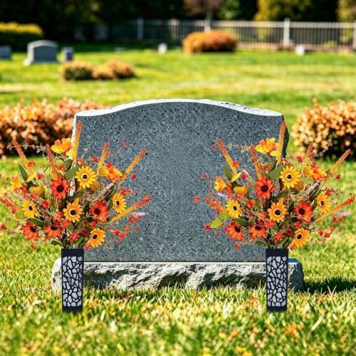 2PCS Artificial Fall Flowers for Cemetery Grave Fake Daisy with Vase, 27in | UV Resistant Autumn Grave Decor Artificial Lavender Daisy Cemetery Flowers for Headstone Tombstone Thanksgiving Outdoor