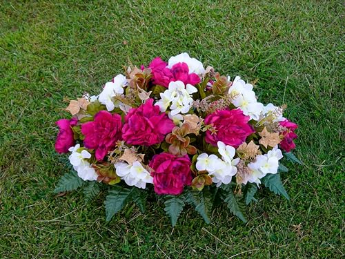 Artificial Cemetery Flowers - Grave Decoration - Fall Arrangement - 30" Long Plum Peony and White Hydrangea Saddle for Loved One's Headstone - size: Saddle