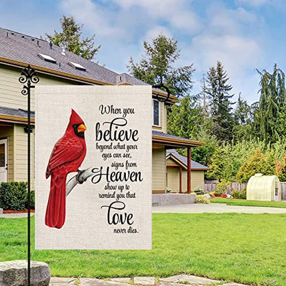 Cardinal Garden Flag Vertical Double Sided Farmhouse Burlap Yard Outdoor Decor 12.5x18 Inch-When you Believe Beyond What Your Eyes Can See Signs From Heaven Show up to Remind You that Love Never Dies