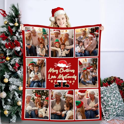 Custom Christmas Blanket with 8 Photos Text Personalized Throw Blanket with Pictures Soft Collage Blanket Santa Hat Shoes Pattern Unique for Family Kids Mom Dad Grandma Grandpa Dog - color: Style 35
