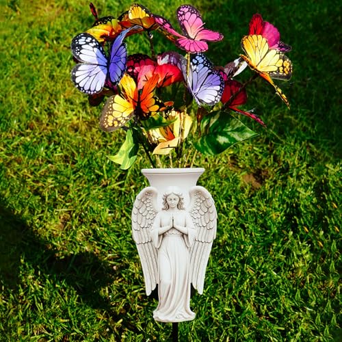 Solar Angel Grave Decorations - Metal Silhouette Memorial Stake with Butterfly Lights, Flat Garden Decor for Cemetery, Sympathy Gift(Angel with Flowers) - style: Angel with Flowers