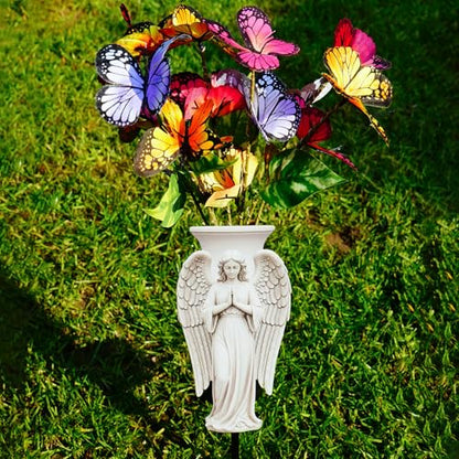 Solar Angel Grave Decorations - Metal Silhouette Memorial Stake with Butterfly Lights, Flat Garden Decor for Cemetery, Sympathy Gift(Angel with Flowers) - style: Angel with Flowers