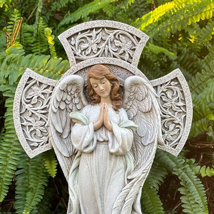 Memorial Angel Statue with Cross, 12 Inch Remembrance Angel for Loved One, Graveside or Home Sympathy Decor, Handwriting-Friendly Base