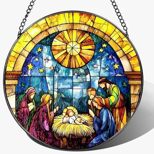 8'' Stained Glass Window Hanging, Nativity Scene Ornament, Christian Christmas Ornament, Holy Family Decoration, Religious Decor, Gift for Christmas, Religious Gifts, Christian Gifts - color: Nativity-e