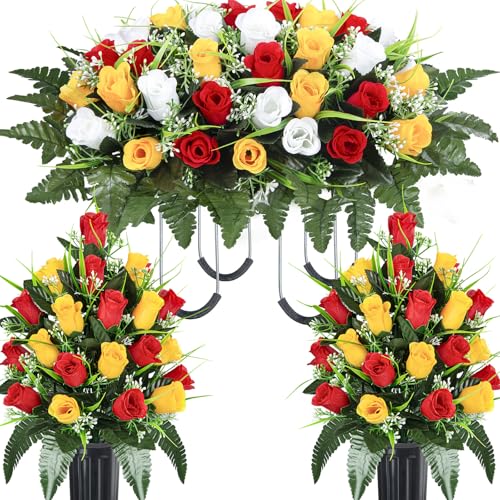 Artificial Cemetery Flowers Saddle, 2 Sets Grave Flowers Rose with Vase, Memorial Headstone Flowers Saddle for Cemetery Grave Tombstone Decorations (1 Saddle 2 Bouquets) - color: Red & Yellow & White