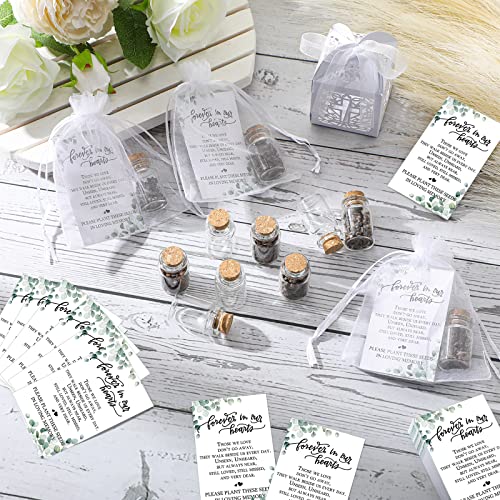Tanlade 100 Sets Funeral Favors Include Funeral Prayer Card Celebration of Life Card Seed Bag Glass Bottle with Cork Organza Bag for Veterans Memorial Loss of Loved One, No Seed(Leaf) - style: Leaf