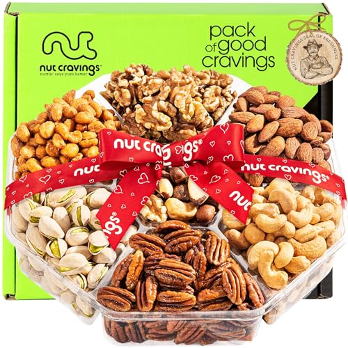 NUT CRAVINGS Mixed Nuts Gift Basket, Heart Ribbon, 7 Assortments | Seven kosher mixed nut assortments with decorative heart ribbon, beautifully packaged for holidays, birthdays and thank-you - style: 3. Deluxe Red Ribbon - (7 Piece Assortment)