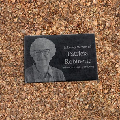 Black Granite Memorial Headstone for Lost Loved Ones, Dogs, Cats, and Family Pets. " Great for Your Garden, Tree Dedication, or in a Cemetery. Includes your personal photo and text. (16 x 10 x 2") | Includes photo and text for lost loved ones, dogs, cats,