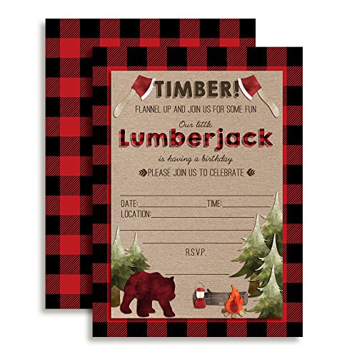 Lumberjack Birthday Party Celebration Invitations for Boys, 20 5x7 Fill In Cards with Twenty White Envelopes by AmandaCreation - style: Lumberjack Birthday Celebration for Boys