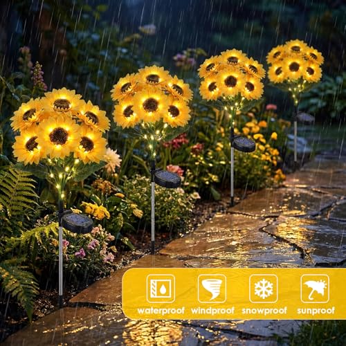 VIHOSE 4 Pack Sunflower Solar Lights with 24 Sunflowers 45 LED Ip65 Waterproof Outdoor Stake Lights with Upgraded Solar Panel for Yard Patio Landscape Lawn Garden Decor for Mom Grandma Birthday Gifts - style: Sunflower