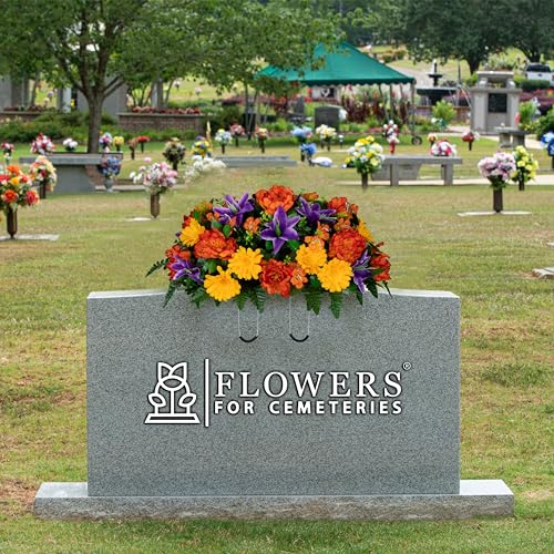 30" Headstone Flower Saddle Artificial Cemetery Flowers - Gravesite Flowers - Orange Peonies, Purple Lilies, and Yellow Daisies - size: Saddle