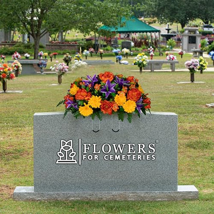 30" Headstone Flower Saddle Artificial Cemetery Flowers - Gravesite Flowers - Orange Peonies, Purple Lilies, and Yellow Daisies - size: Saddle