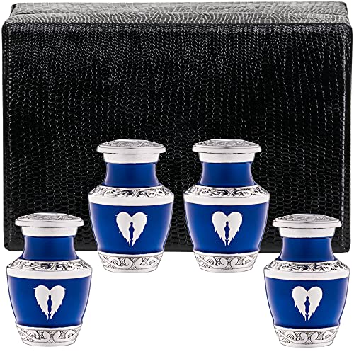 4 Pack Small Urns for Ashes for Women or Men - Set of 4 Blue Mini Urn with Angel Wings - Heart Earn Male and Female Cremation Keepsakes - Memorial Burial - color: Angel Wings - Blue, size: Keepsake - 4 Count