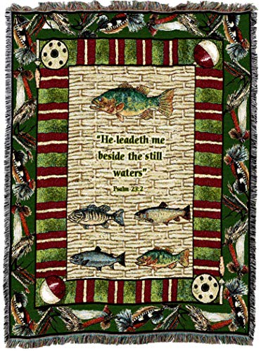 Pure Country Weavers Gone Fishing Psalm Blanket - Scriptures - Psalm 23:2 - Religious Lake Lodge Cabin Gift Tapestry Throw Woven from Cotton - Made in the USA (72x54) - color: Psalm 23:2 Fishing, size: 72" x 54"