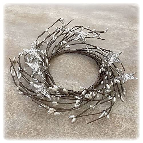 Silver Mini Wreath, Star Candle Ring, Accent for Statues, Lanterns, Nativity, Candleholders, Doors, Windows, Centerpieces, Wall, Cabinets, Farmhouse Decor Country, Primitive Glitter Wreaths