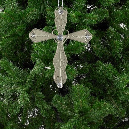 BANBERRY DESIGNS Sympathy Cross Ornament In Loving Memory, Bereavement Cross Gift for Loss of Loved One, Filigree Heart Shaped Jeweled Metal Memorial Hanging Ornament, 3.5 Inch